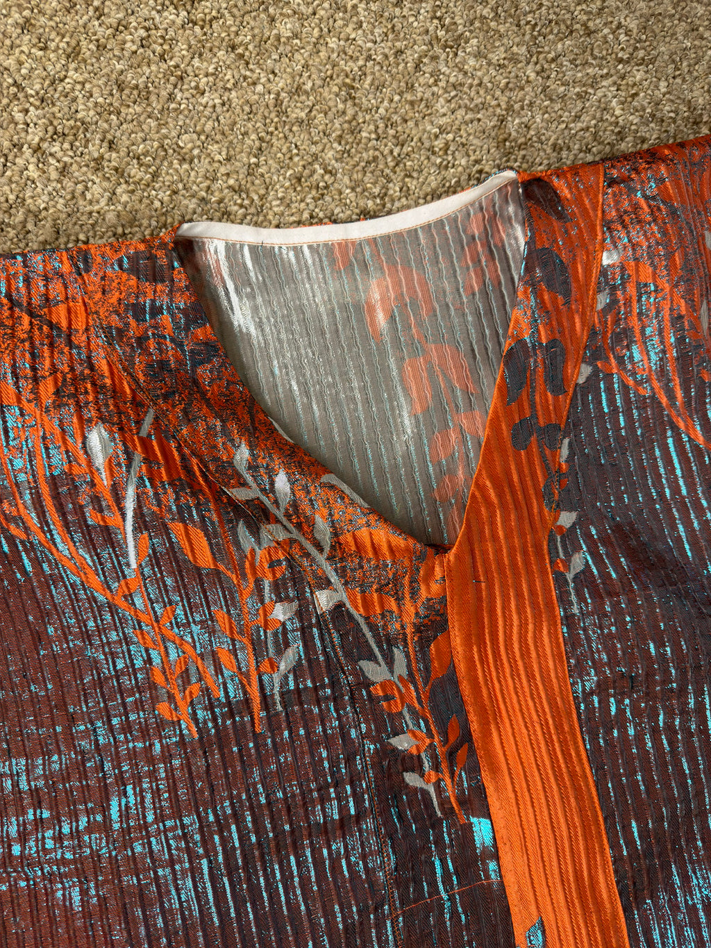 Fringe kaftan dress (orange and teal)- close view