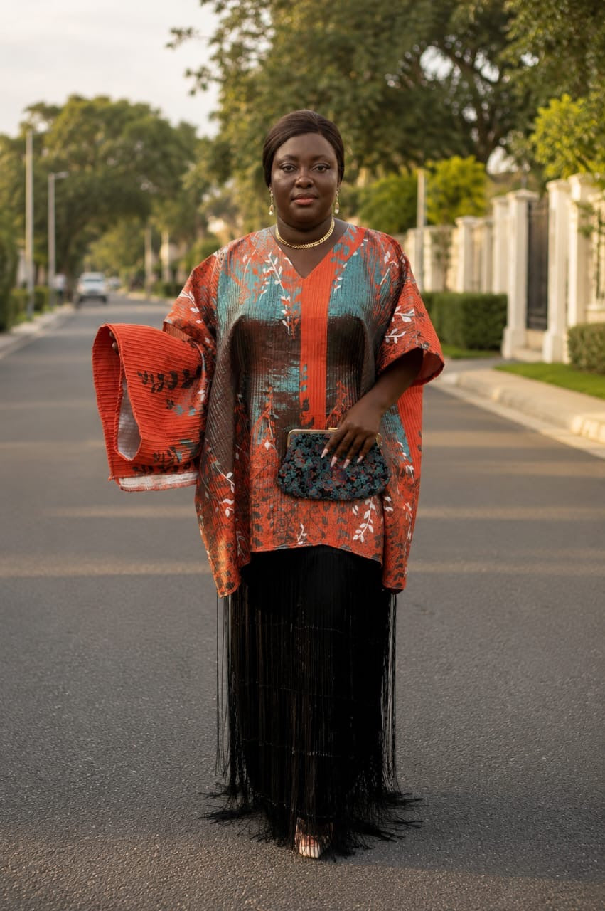 Fringe kaftan dress (orange and teal)